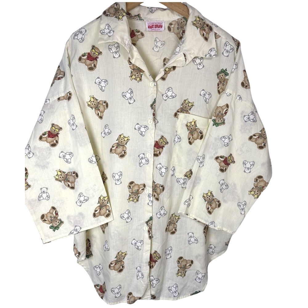 Vintage Hot Stuff Teddy Bear Print Button Up Shirt‎ Cream Oversized Made in USA